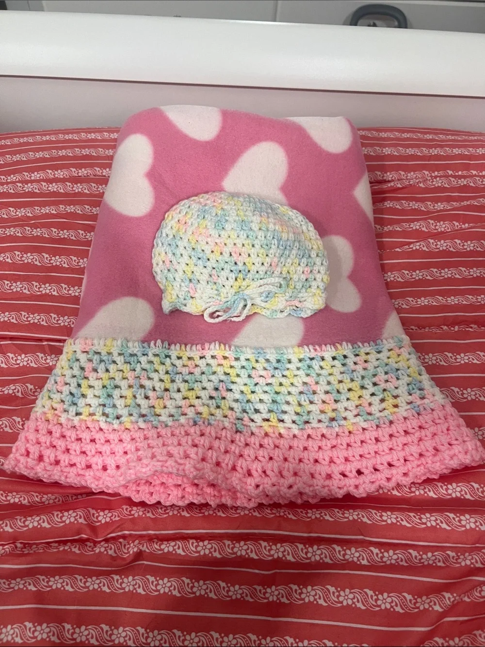 Handmade Pastel Crochet Baby Hat and Pink Heart Blanket Set